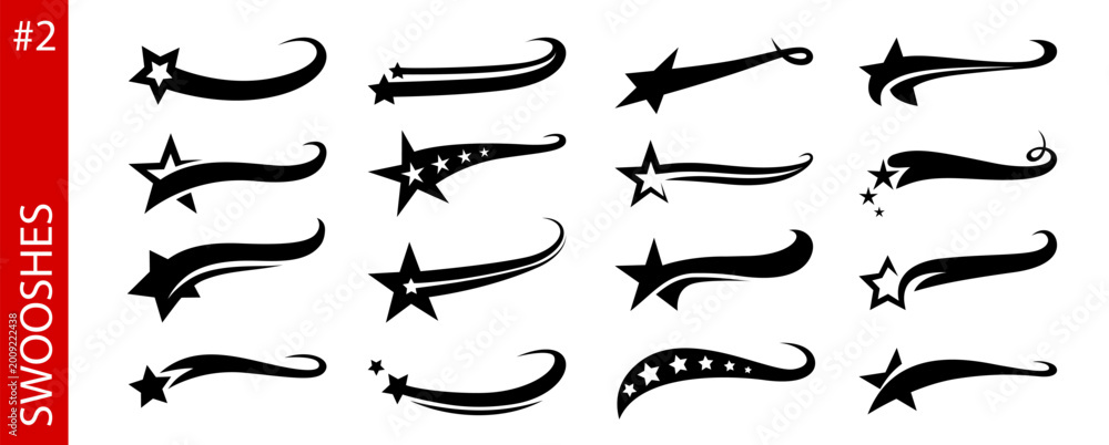 Fototapeta premium American sport swoosh and swash ribbon tails. Baseball sports flourishes with star tail, retro swish and swash underline ribbons with twinkle starlets. Vintage vector set of athletic typography script