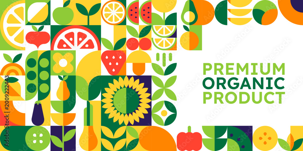 Fototapeta premium Organic food fruits and vegetables poster with mosaic geometric ornament pattern. Colorful poster featuring orange, lemon, apple, peas and watermelon. Vector organic food festivals
