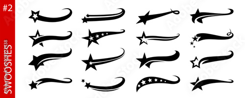 American sport swoosh and swash ribbon tails. Baseball sports flourishes with star tail, retro swish and swash underline ribbons with twinkle starlets. Vintage vector set of athletic typography script