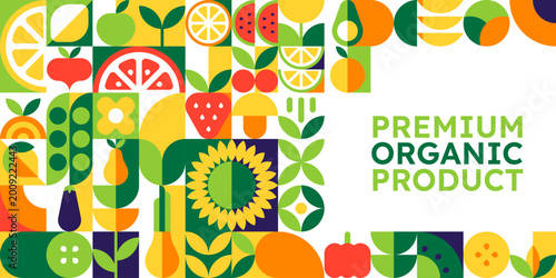 Organic food fruits and vegetables poster with mosaic geometric ornament pattern. Colorful poster featuring orange, lemon, apple, peas and watermelon. Vector organic food festivals