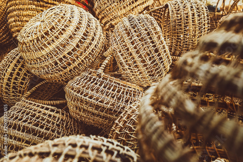 Woven baskets stacked and arranged natural fiber texture