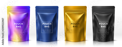 Realistic pouch bag packages template mockup. Vector 3d foil stand up zipper sachets or doypack pouches for food product packaging. Blue, gold, black and iridescent aluminum zip lock bags set