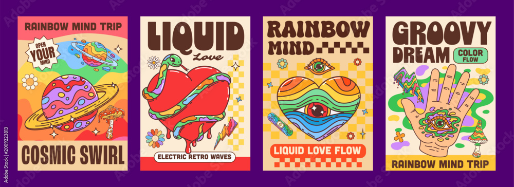 Naklejka premium Y2K funky groovy hippie posters with space planet and hearts, vector retro psychedelic designs. Groovy Y2K posters with rainbow love and snake, eye in hand with 70s trippy quotes and mushrooms