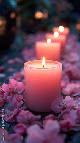A row of pink candles glows softly, surrounded by delicate flower petals.