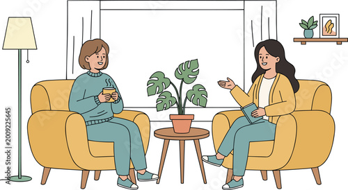 Bild auf Leinwand Two women sitting in comfortable armchairs having a supportive conversation with coffee and a book in a living room