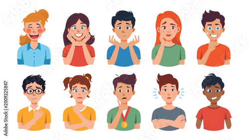 Photos Diverse Emotional Expressions: A vibrant array of illustrations depicting a diverse group of individuals, each showcasing a unique emotion, from joy and contentment to worry and sadness