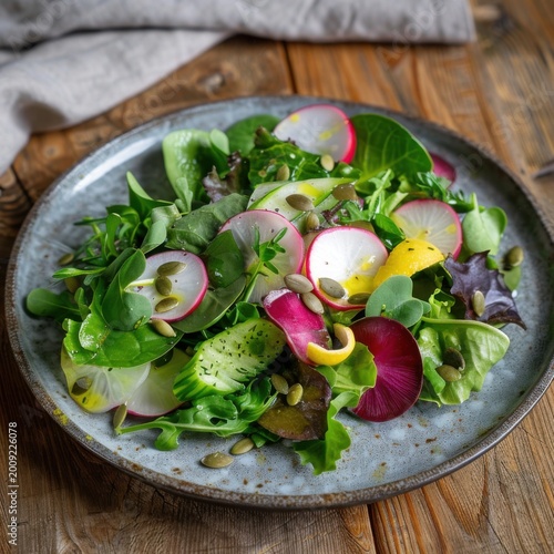 Fresh salad with mixed greens, radishes, and seeds on a rustic wooden table