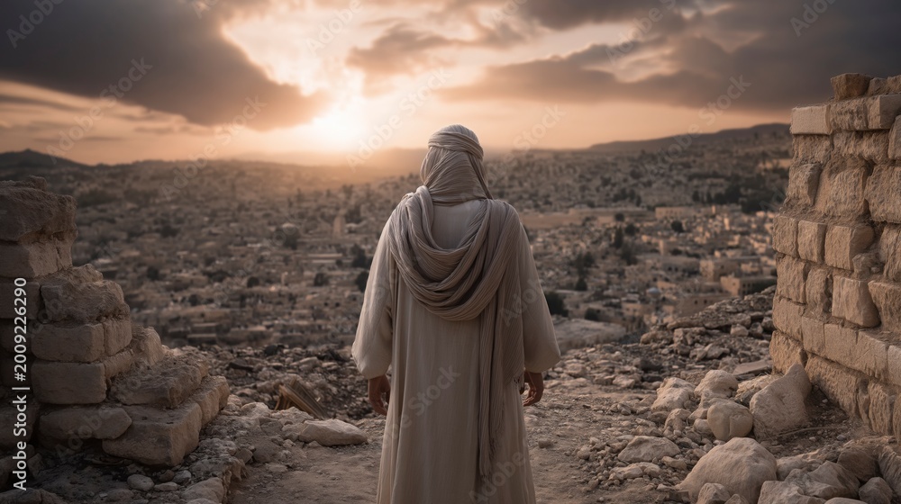 Naklejka premium Biblical story, Before Jerusalem’s broken walls Nehemiah stands at dusk, where ashes and silence deepen his sorrow yet ignite a determined vision to rebuild and restore a fallen city. 