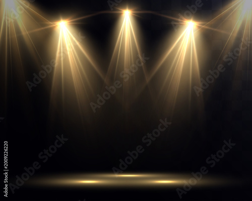 Tableau sur toile golden stage spotlight beams set glowing light rays scene illumination effect on