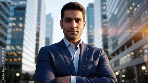 Smiling Indian businessman in a suit outdoors with city buildings background