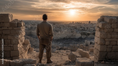  A young man stands before Jerusalem’s ruins at sunset, where broken walls awaken a firm hope of restoration, transforming deep pain into purposeful resolve.
