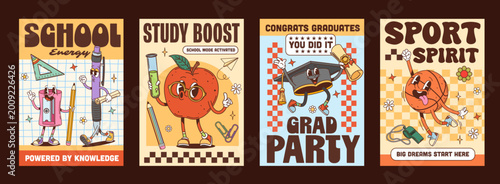 Quadro su tela Y2K groovy school education and stationery characters posters, retro cartoon vector