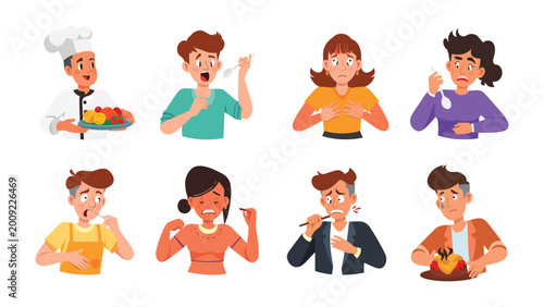 Foto Culinary Catastrophe: A comical illustration presents individuals in various states of shock and dismay after experiencing the apparent failure of their culinary efforts
