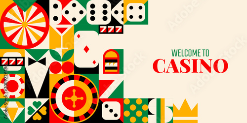 Casino poker and gambling games banner with geometric pattern, vector background. Welcome to casino banner with geometric pattern of poker dice and ace card, gamble slot machine and wheel of fortune