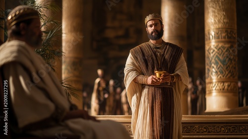 Biblical story, Nehemiah stands before King Artaxerxes in Susa, his humble service with the cup masking a bold request, as royal splendor contrasts with a hidden burden to restore Jerusalem.

