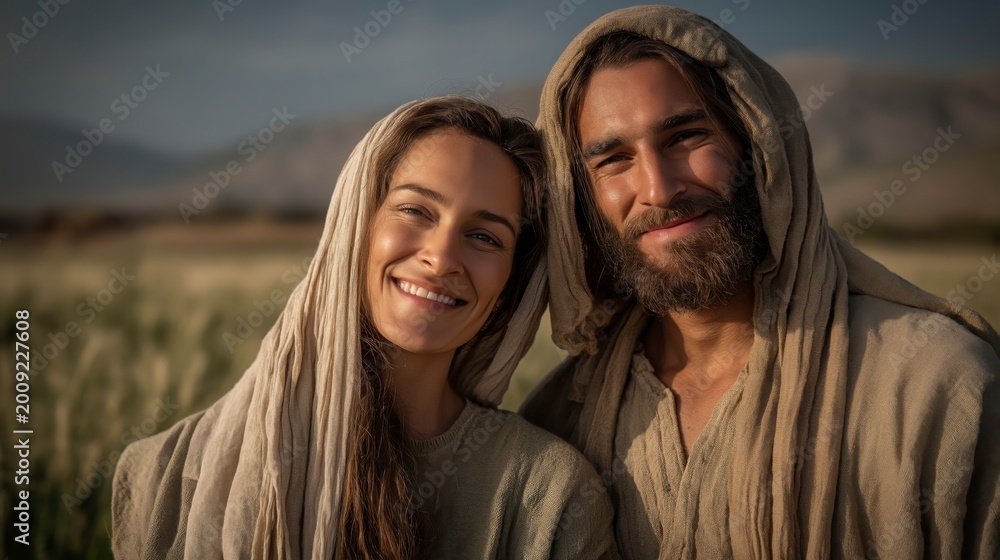 Obraz premium In open farmland, Manoah and his wife stand in humble garments as an angelic messenger appears nearby in soft daylight, with wheat fields and hills under a clear sky. 