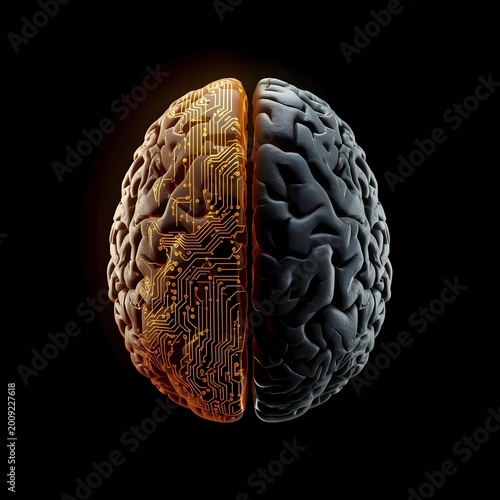 Mind's Circuits: A vivid depiction of the human brain, bisected to showcase both its organic and digital facets, symbolizing the intersection of thought and technology.