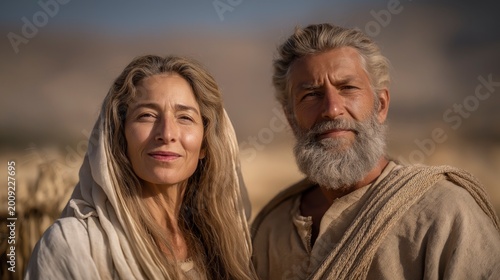 In open farmland, Manoah and his wife stand in humble garments as an angelic messenger appears nearby in soft daylight, with wheat fields and hills under a clear sky.
