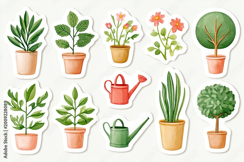 Fototapeta premium Collection of plant stickers with various types of pots, flowers, and gardening tools arranged on a light background
