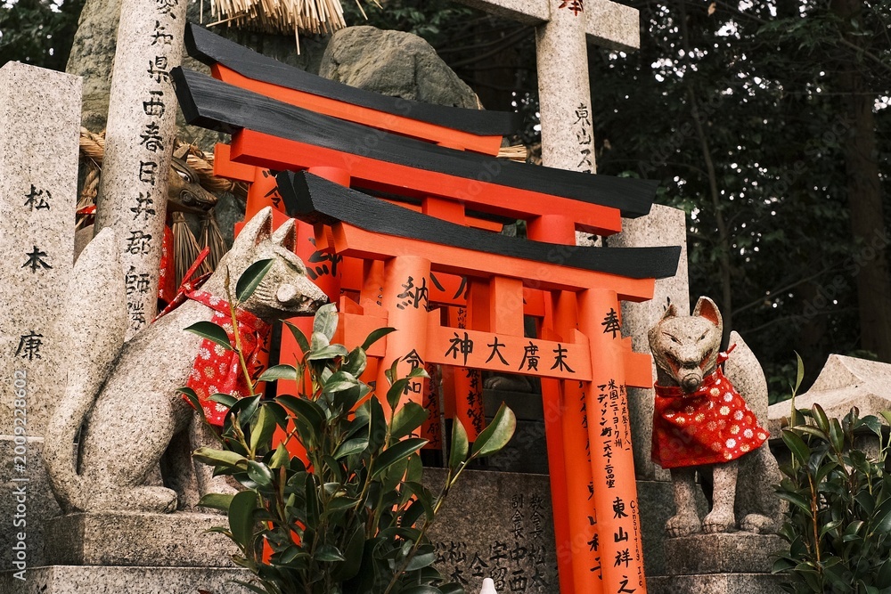Obraz premium Stone Kitsune fox statue guardian with red bib in front of Torii gates, Fushimi Inari Shrine, Kyoto.