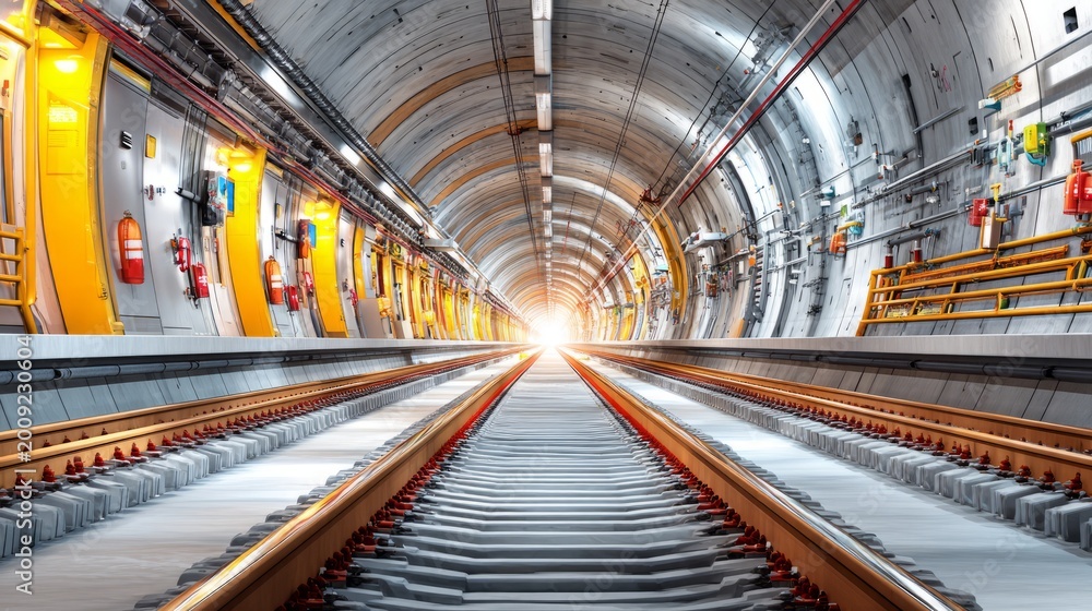 Obraz premium Electric Maintenance Service in Tunnel with Overhead Lines and Lighting