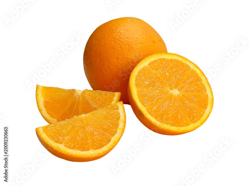 Fotografia Whole orange with sliced half and wedges on white background
