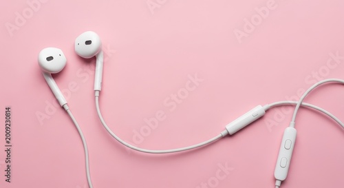 White wired earbuds with volume control buttons placed on a soft pastel pink background surface