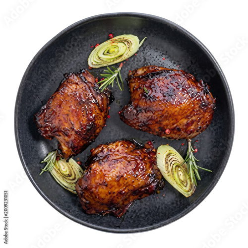 Roasted Glazed Chicken Thighs with Grilled Leeks and Fresh Rosemary