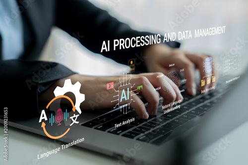 Foto Hands typing on laptop showcasing AI processing, data management, language translation, and text analysis in a modern workspace environment Haptic