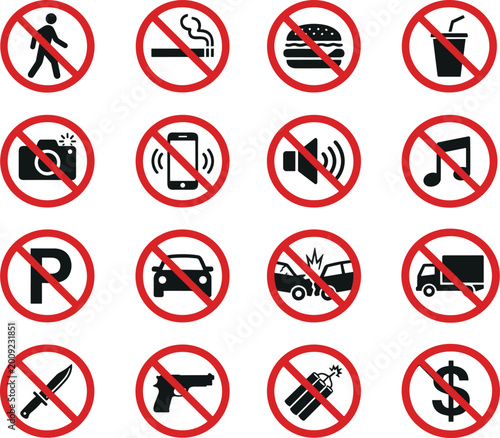 Free Download Prohibition and No Symbol Icon Set with Smoking, Camera, Food, Weapons, and Parking Restriction Labels for Public Safety, Rules, and Warning Signage - GFXLoad