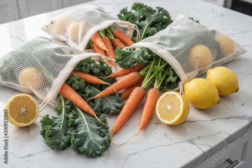 Fresh carrots and kale in reusable mesh produce bags with lemons on counter