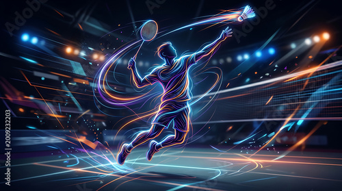 neon badminton player in motion with glowing lines