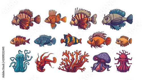 Photos Whimsical Aquatic Symphony: An imaginative collection of vibrant cartoon illustrations featuring diverse sea creatures, including fish, coral, and jellyfish, arranged in a lively