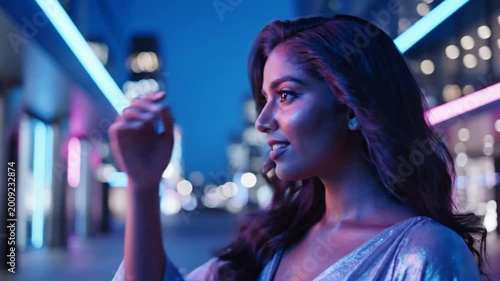 Woman in metallic dress at neon lit city street at night
