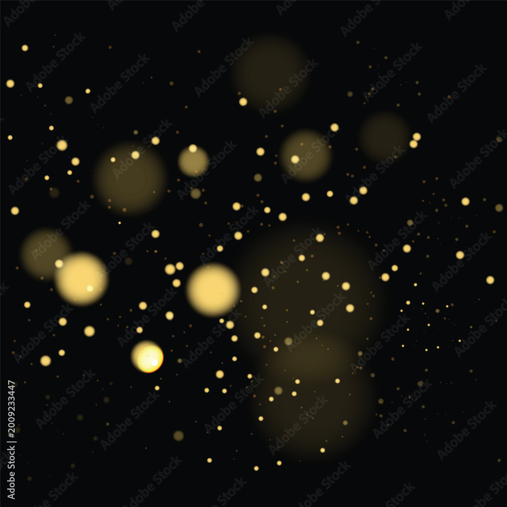 Fototapeta premium Yellow dust glimmers in glowing light with sparkle, shimmer, glitter bokeh. Twinkle particles, stardust highlights flare while sparks, lens flare, glare, magical festive glow, vector illustration