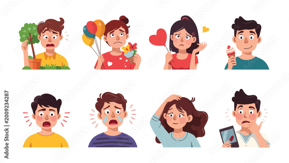 Fototapeta premium Human Emotions: A vivid collection of expressive illustrations showcasing various emotional states. From joy to fear, each portrait captures a unique human feeling.