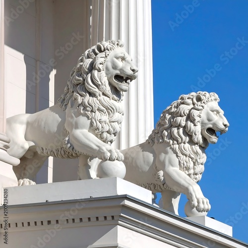 Two majestic lion sculptures, rendered in white stone, sit atop a building with classical architecture, under a bright blue sky