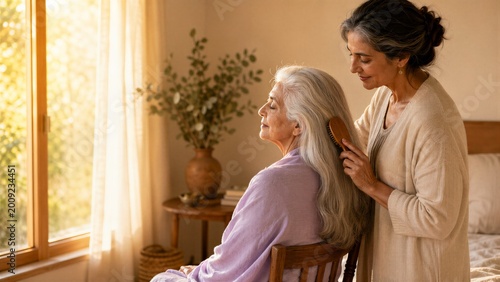 Adult Daughter Gently Brushing Aging Mother's Silver Hair at Window for Family Care Concept