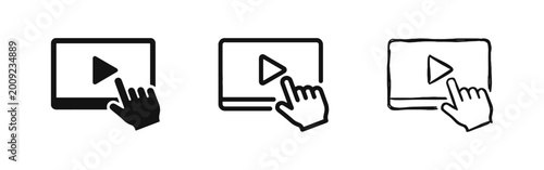 Принти на полотні Video player icon with hand clicking play button on screen