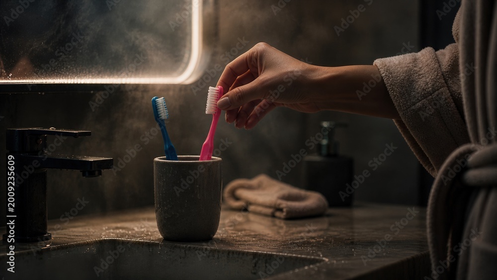 Fototapeta premium A woman places her toothbrush in a bathroom cup, symbolizing moving in together, relationship milestone, intimacy, and shared everyday life.