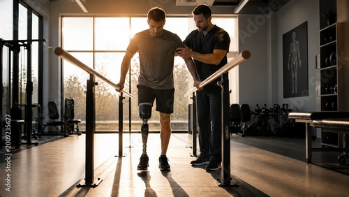 A man with a prosthetic leg practices walking with a therapist in a rehab clinic, symbolizing recovery, support, determination, and mobility restoration.