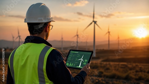 An engineer uses a tablet to monitor wind turbines at sunset, representing renewable energy, sustainability, and smart energy management.