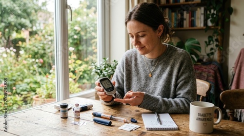 Diabetic person managing: blood glucose, health regimen, daily control, glucose level, finger stick, insulin therapy, chronic condition, self care, medical device, wellness routine.