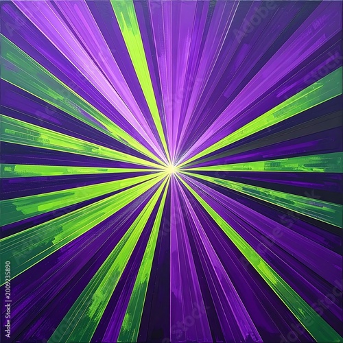 Abstract Radial Starburst With Vibrant Purple And Neon Green Rays Emanating From A Bright Central Light Source On A Dark Background