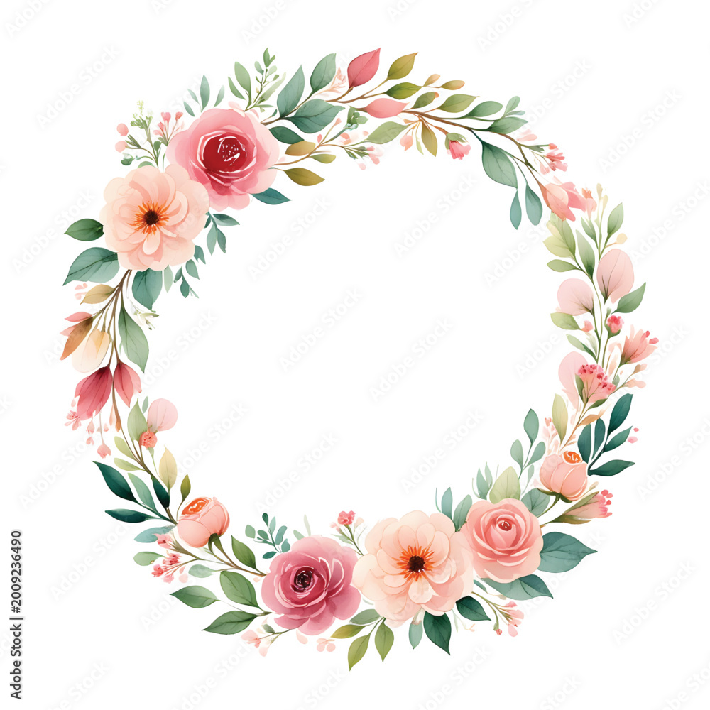 Fototapeta premium Floral rose wreath frame for romantic love card design