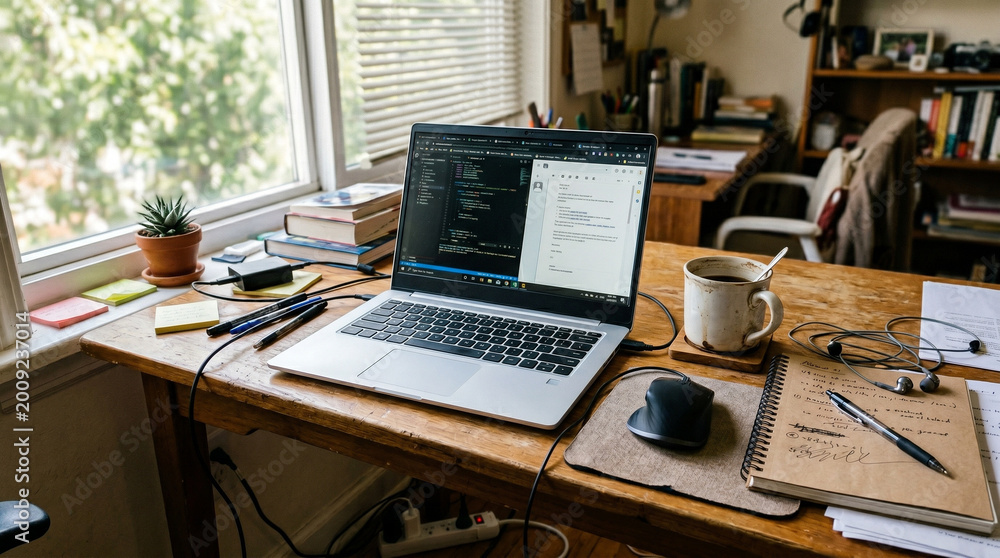 Naklejka premium Messy home office desk with laptop coffee and cables showing realistic work from home lifestyle