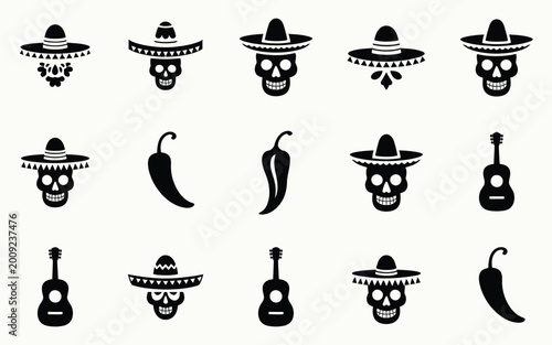 Vászonkép Cinco de mayo symbols skulls sombreros guitars and chilies for fiesta celebratio