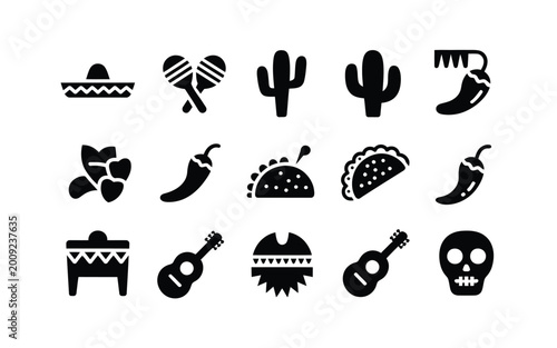 Obraz na płótnie Vibrant mexican fiesta icons set with sombrero cactus guitar and skull on white