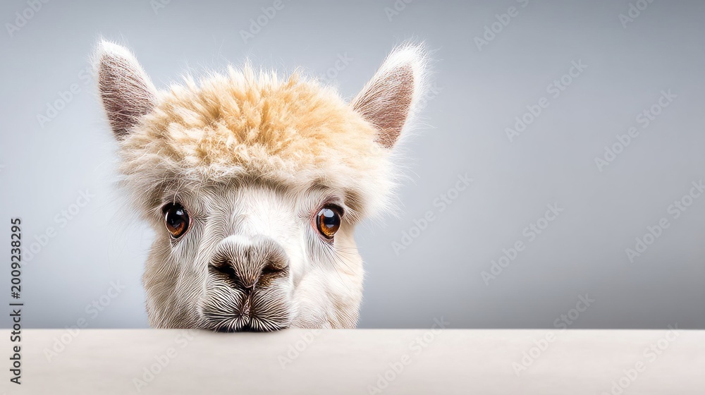 Fototapeta premium Fluffy Alpaca Peeking Over a Plain Barrier with a Curious Expression