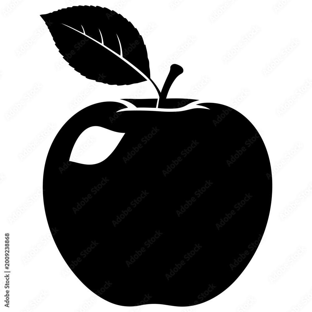 Fototapeta premium Black and white apple with leaf illustration isolated on transparent background, Vector